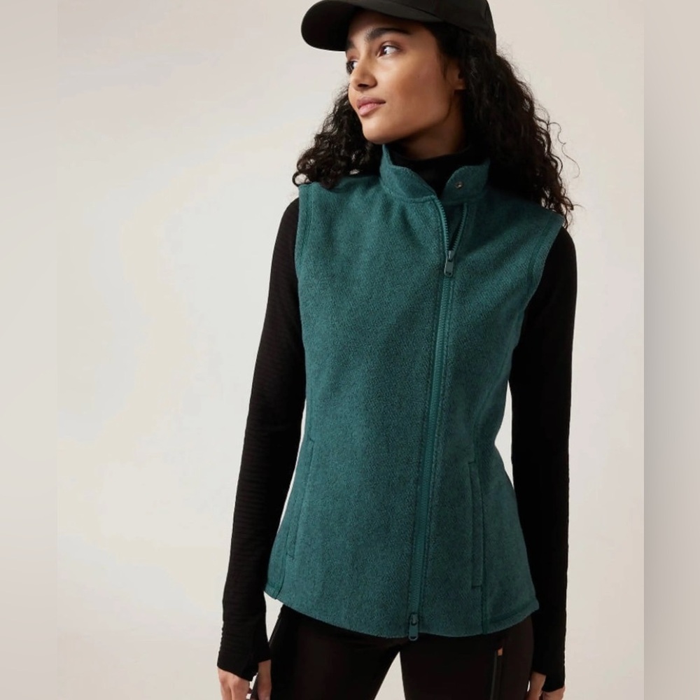 Athleta Stroll Fleece Moto Vest Teal Green SZ Small TALL